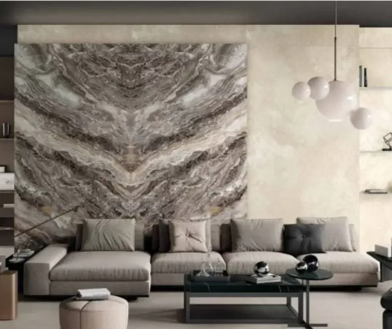 Book-matched brown marble living room wall behind a sofa