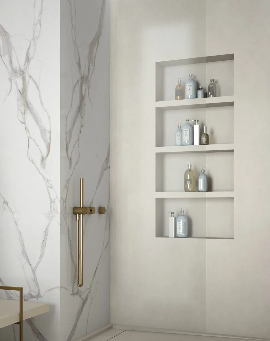 Calacatta Gold marble slab detail with warm gold veining used in a Stoneworks Singapore project