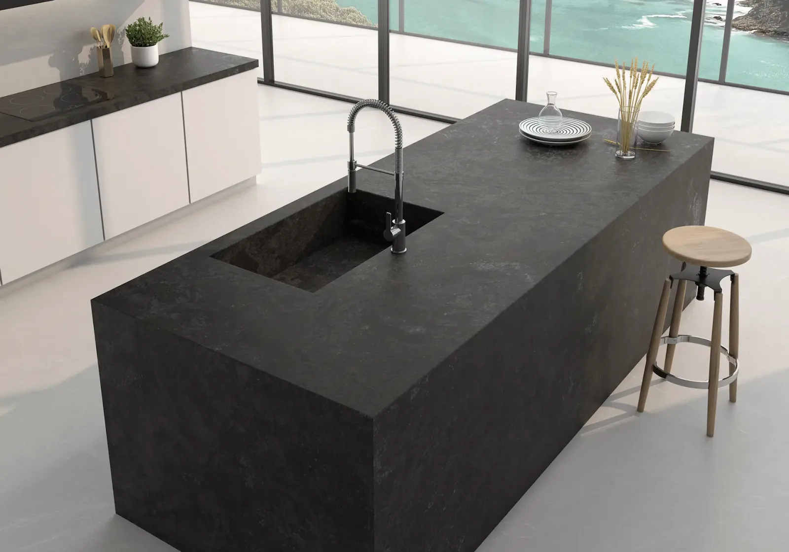 Charcoal stone kitchen island countertop with a seamless mitred edge