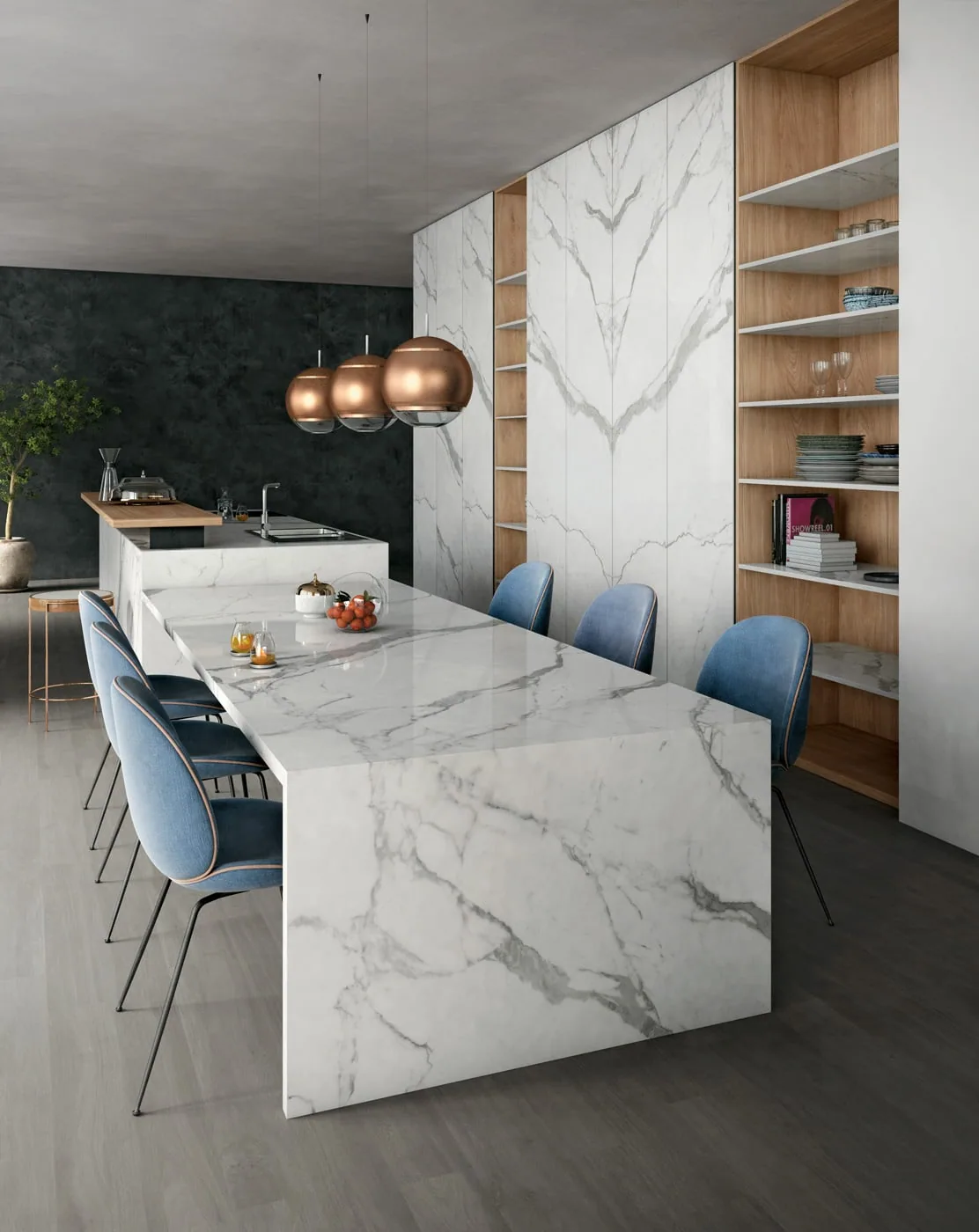Classic Statuario marble slab detail with fine grey veining, supplied in Singapore by Stoneworks