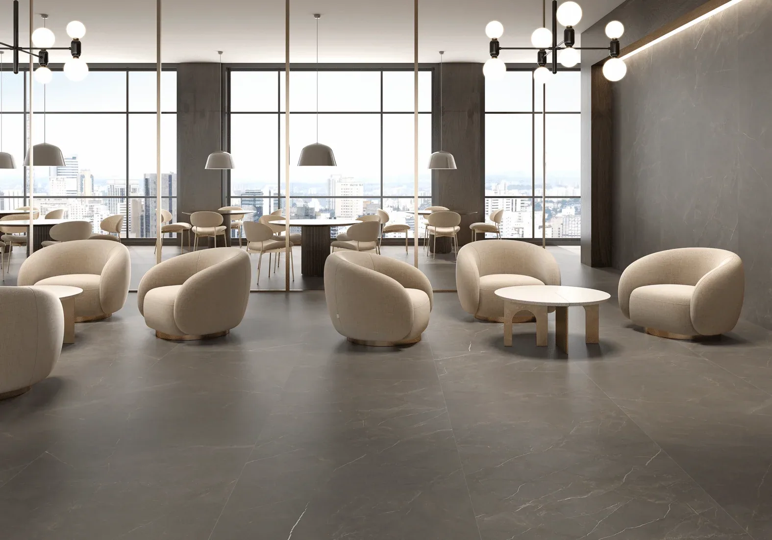Dark stone floor in a hotel lounge with soft seating