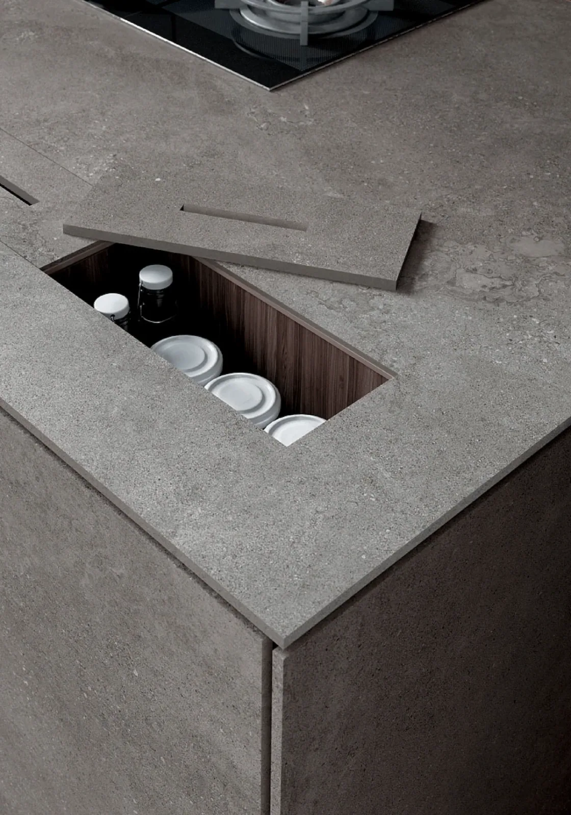 Grey concrete-look Infinity sintered stone kitchen countertop and splashback