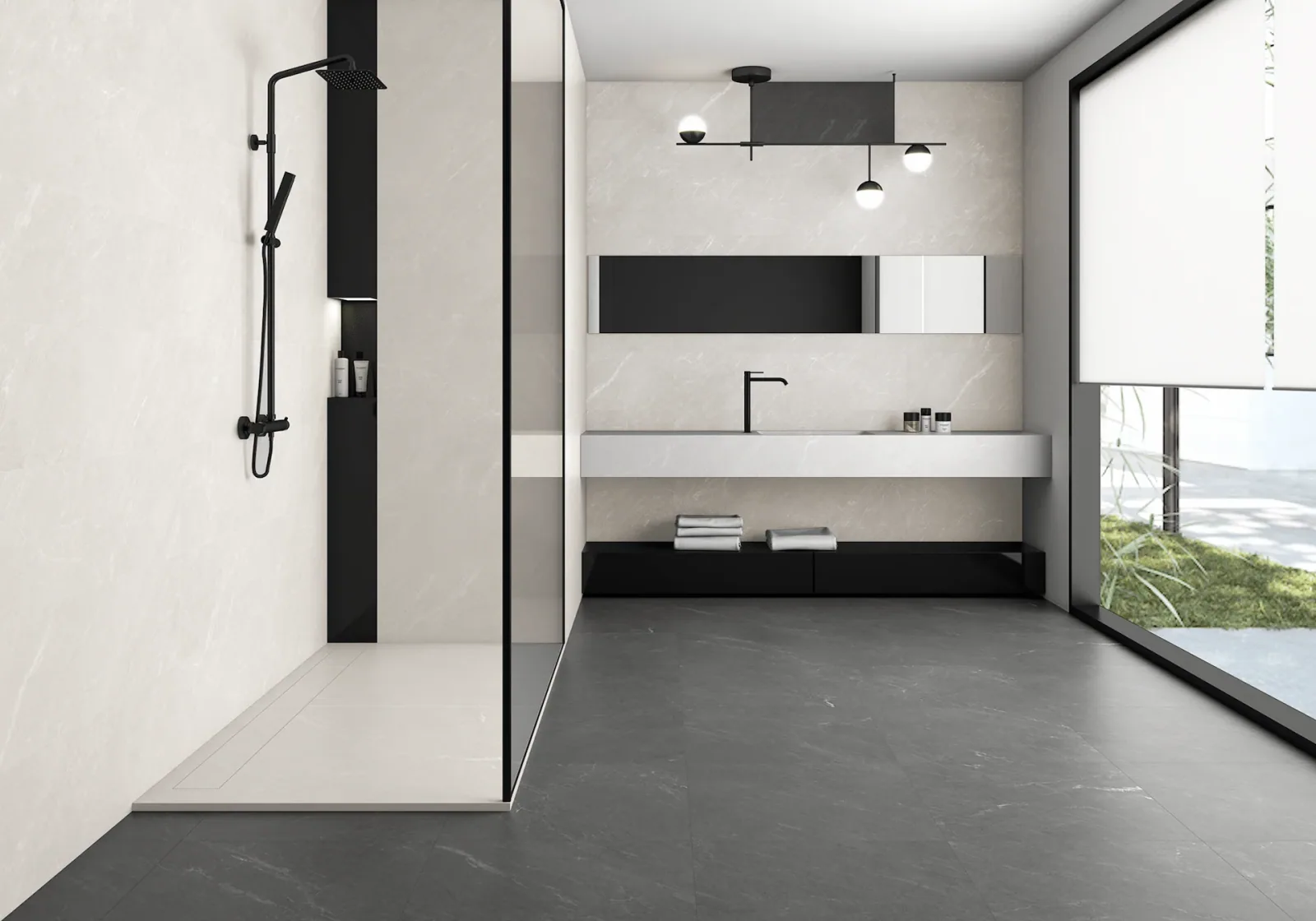 Grey sintered stone bathroom vanity and shower wall tiles in a Singapore home
