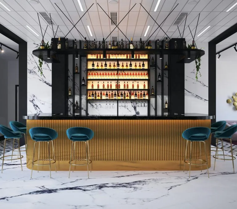 Marble bar counter in a hospitality interior fitted out by Stoneworks Singapore
