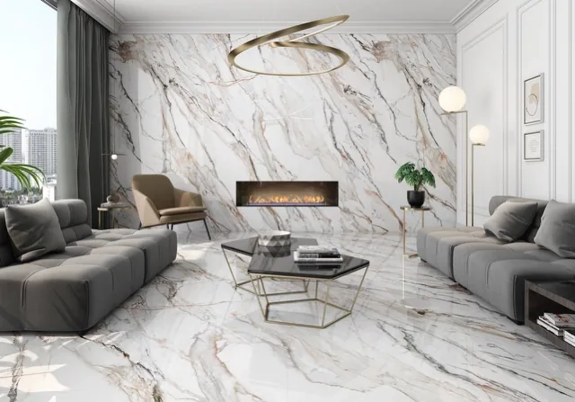 White marble-look Arklam sintered stone fireplace feature wall in a living room