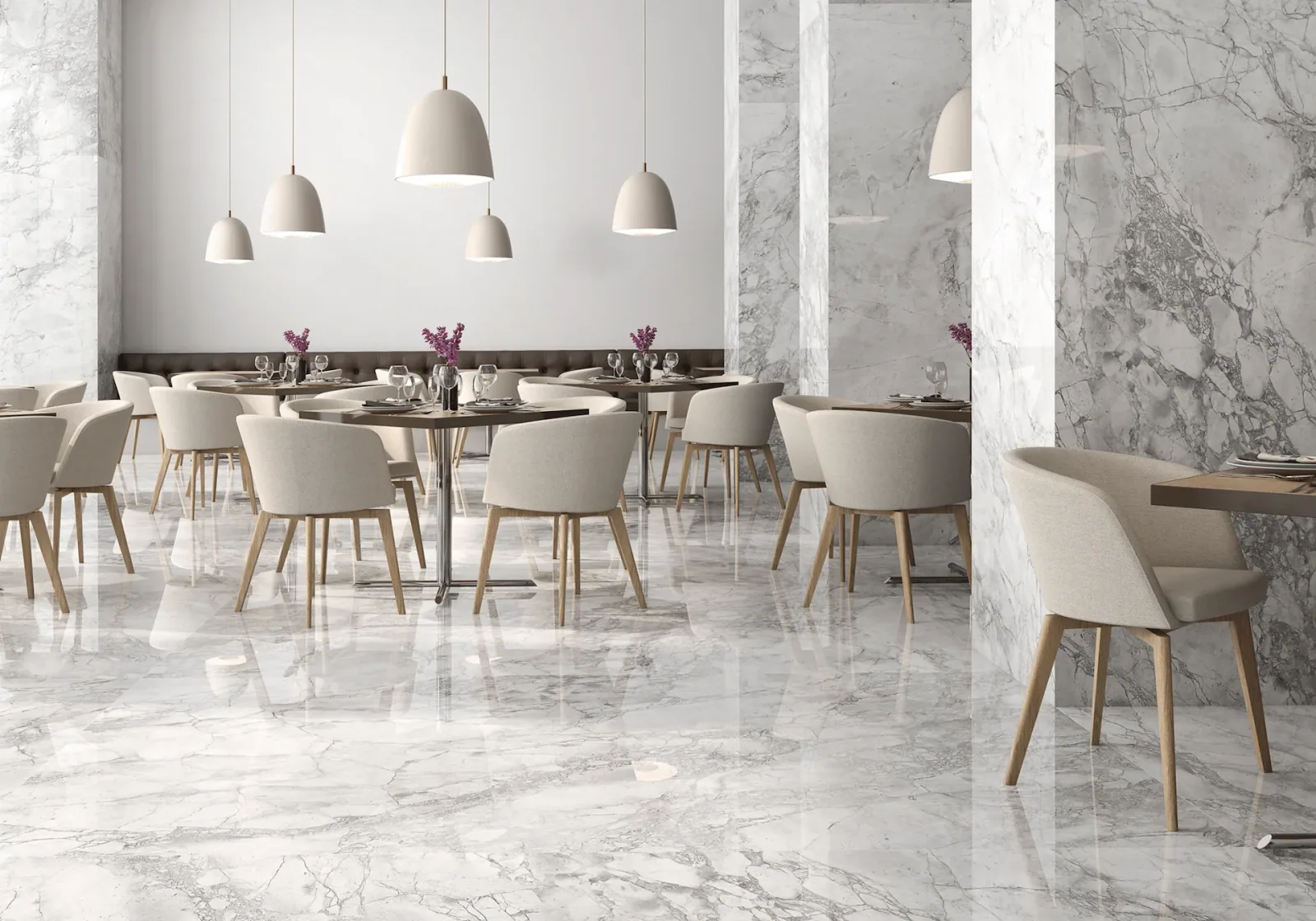 White marble dining room floor and clad columns in a restaurant