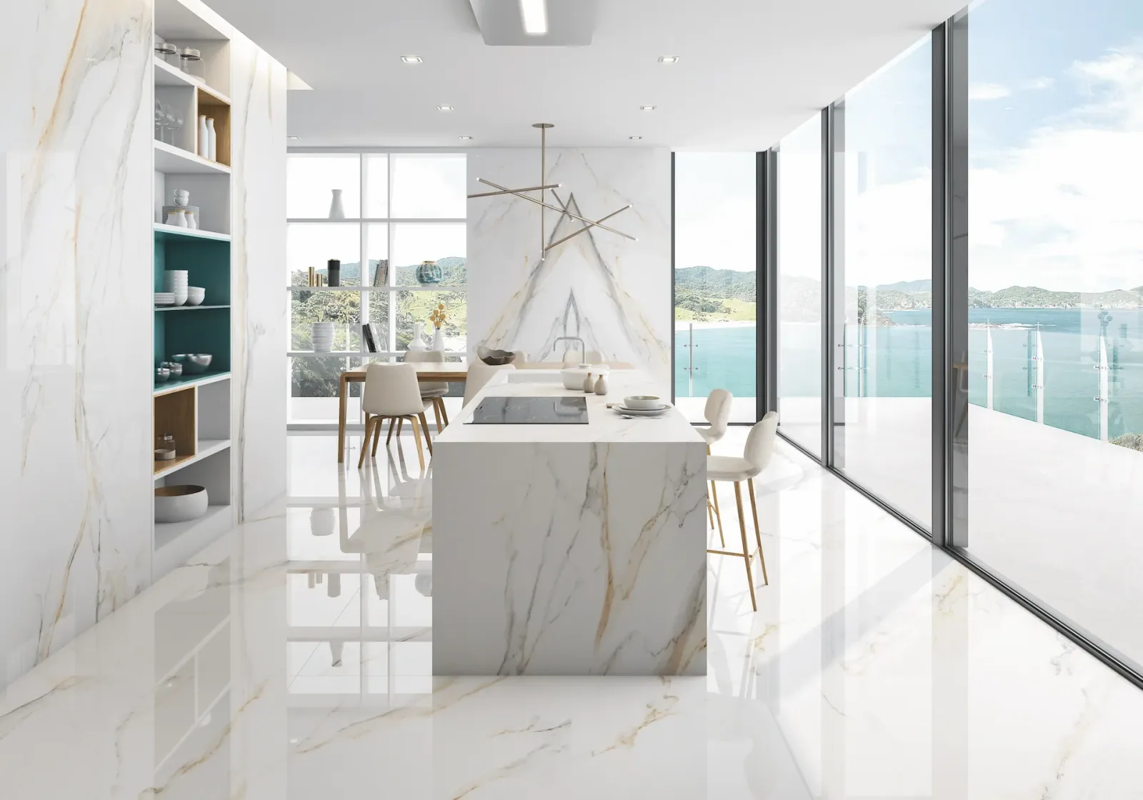White marble waterfall kitchen island with matching splashback